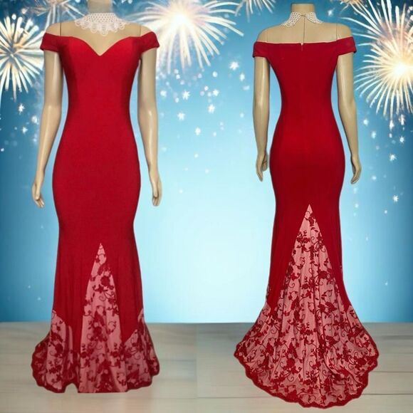 Red Rose Embroidered Lace Mermaid Gown by Cinderella Divine Size 6 - Picture 10 of 14